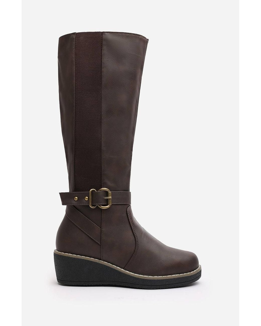 Where's That From Black 'Regina' Wide Fit Faux Leather Knee High Wedge Boots