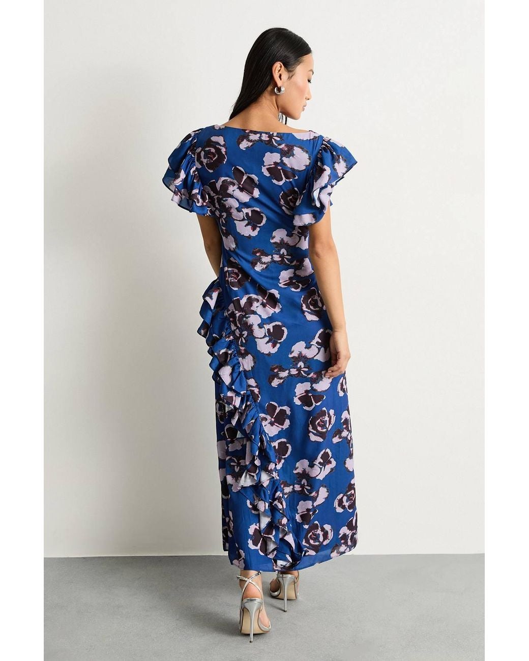 Warehouse Blue Petite Printed Side Split Ruffle Detail Maxi Dress