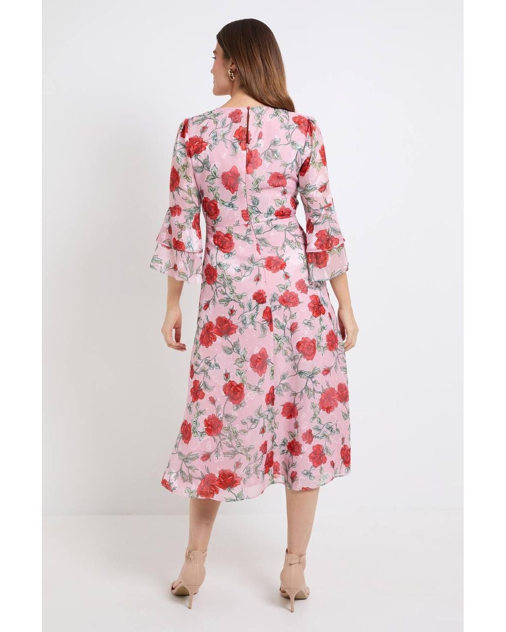 Wallis Red Floral Burn Out Ruffle Sleeve Midi Dress