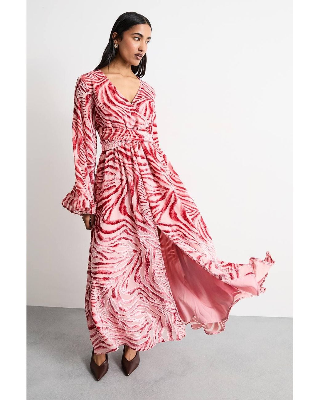 Warehouse Pink Burnout Velvet Plunge Neck Flared Sleeve Belted Maxi Dress