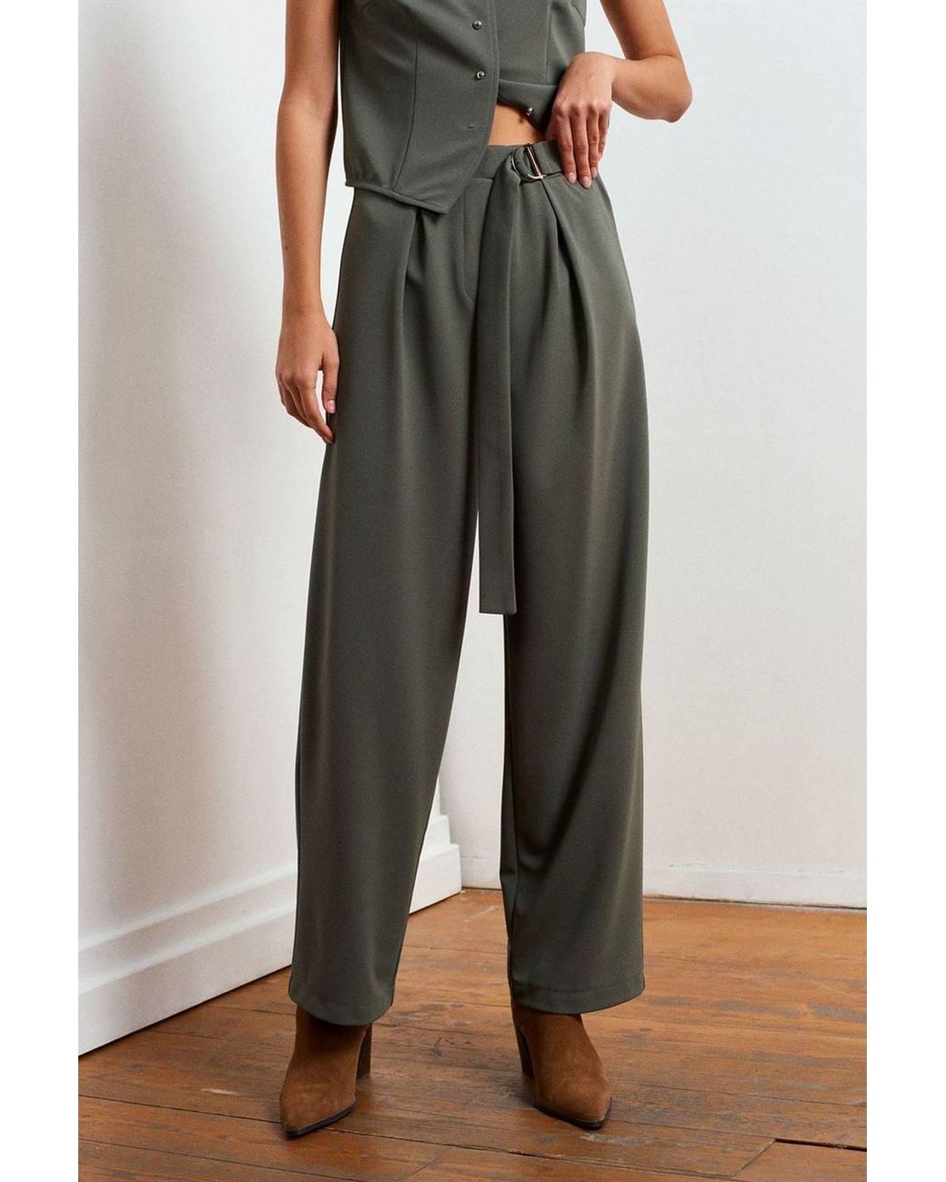 Dilvin Green High-Waist Wide-Leg Crepe Trousers