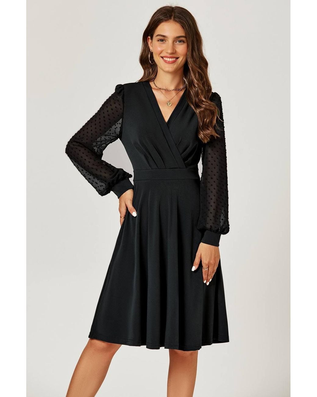 FS Collection Black V Neck Midi Dress W/ Sheer Long Sleeve