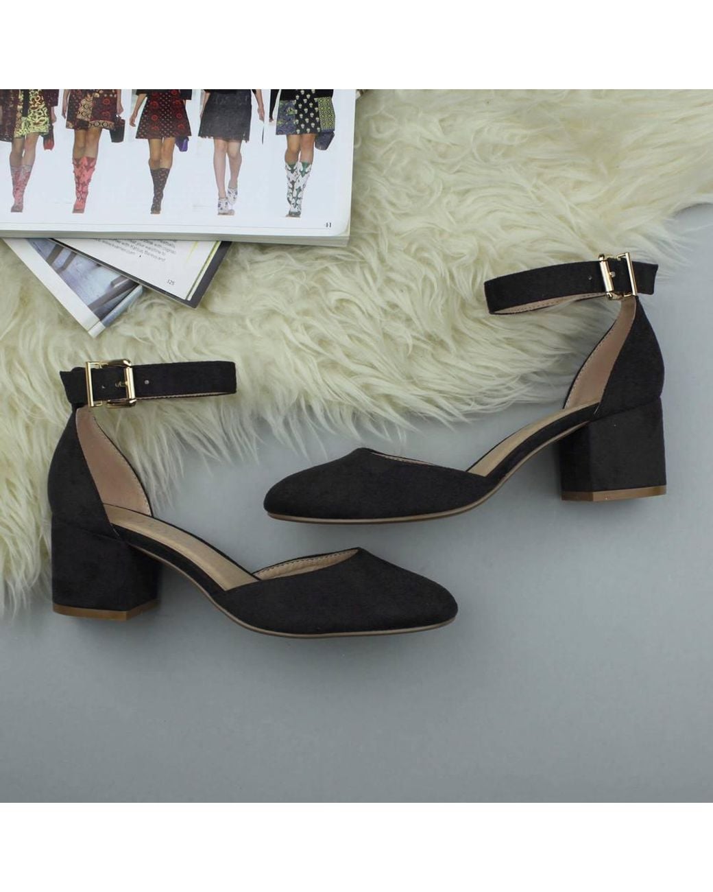AJVANI Black Mid Block Heel Buckle Ankle Strap 2 Part Heels