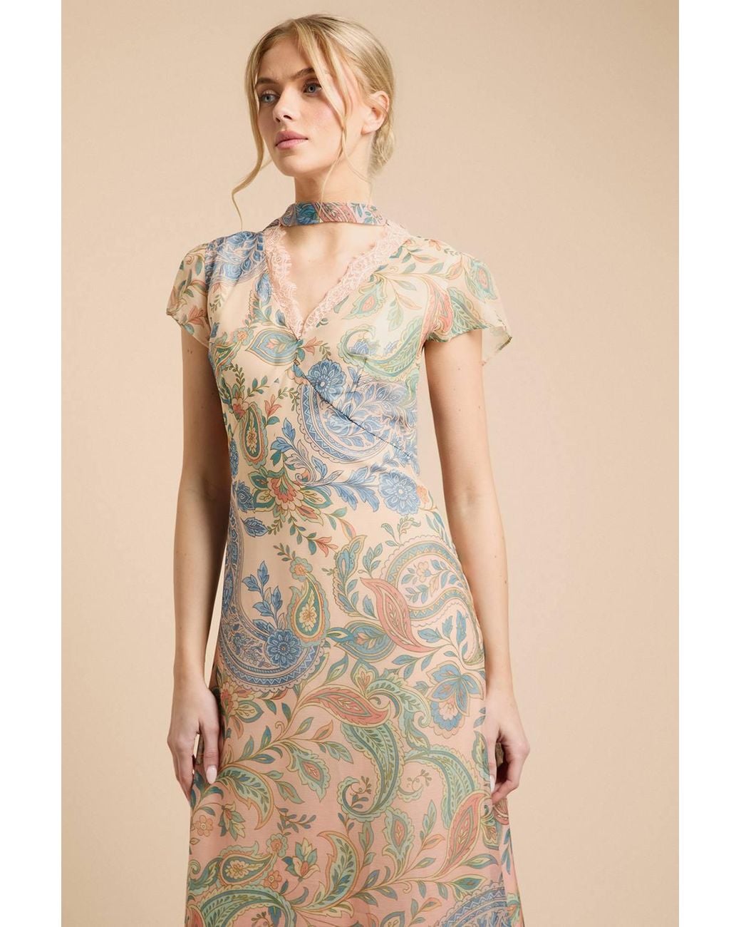 Oasis Natural Fluted Sleeve Midaxi Dress With Neck Scarf Detail