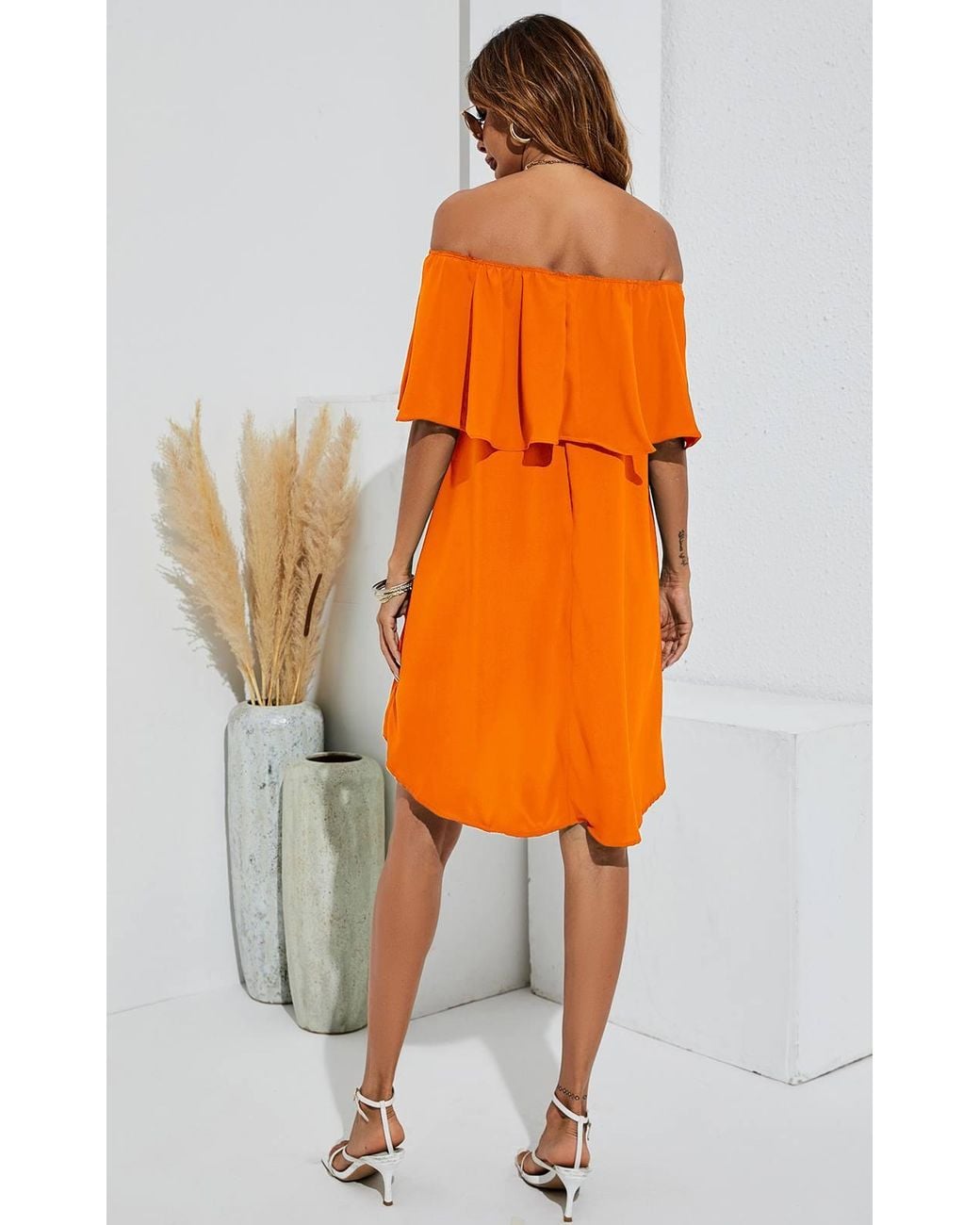 FS Collection Orange Bardot Frill Shoulder Mini Dress