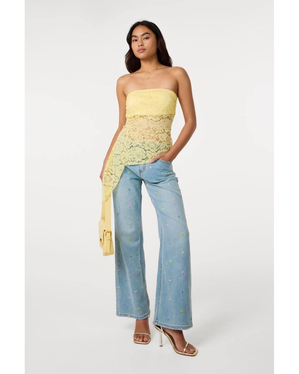 Pink Vanilla Blue Allover Embroidered Flower Wide Leg Jeans