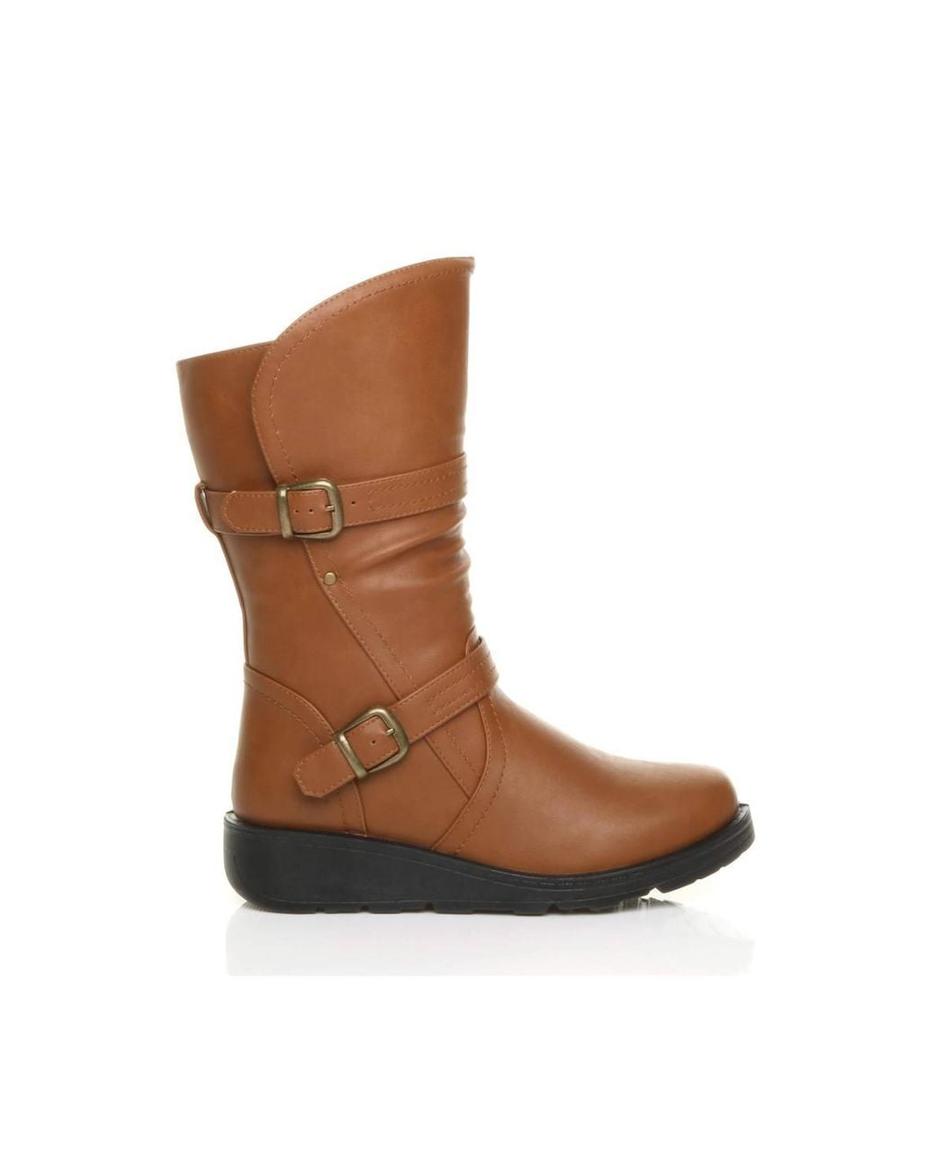 AJVANI Brown Low Wedge Heel Comfort Calf Biker Boots