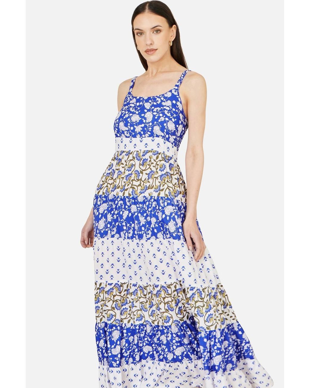 Yumi' Blue Rayon Patchwork Print Tiered Maxi Dress