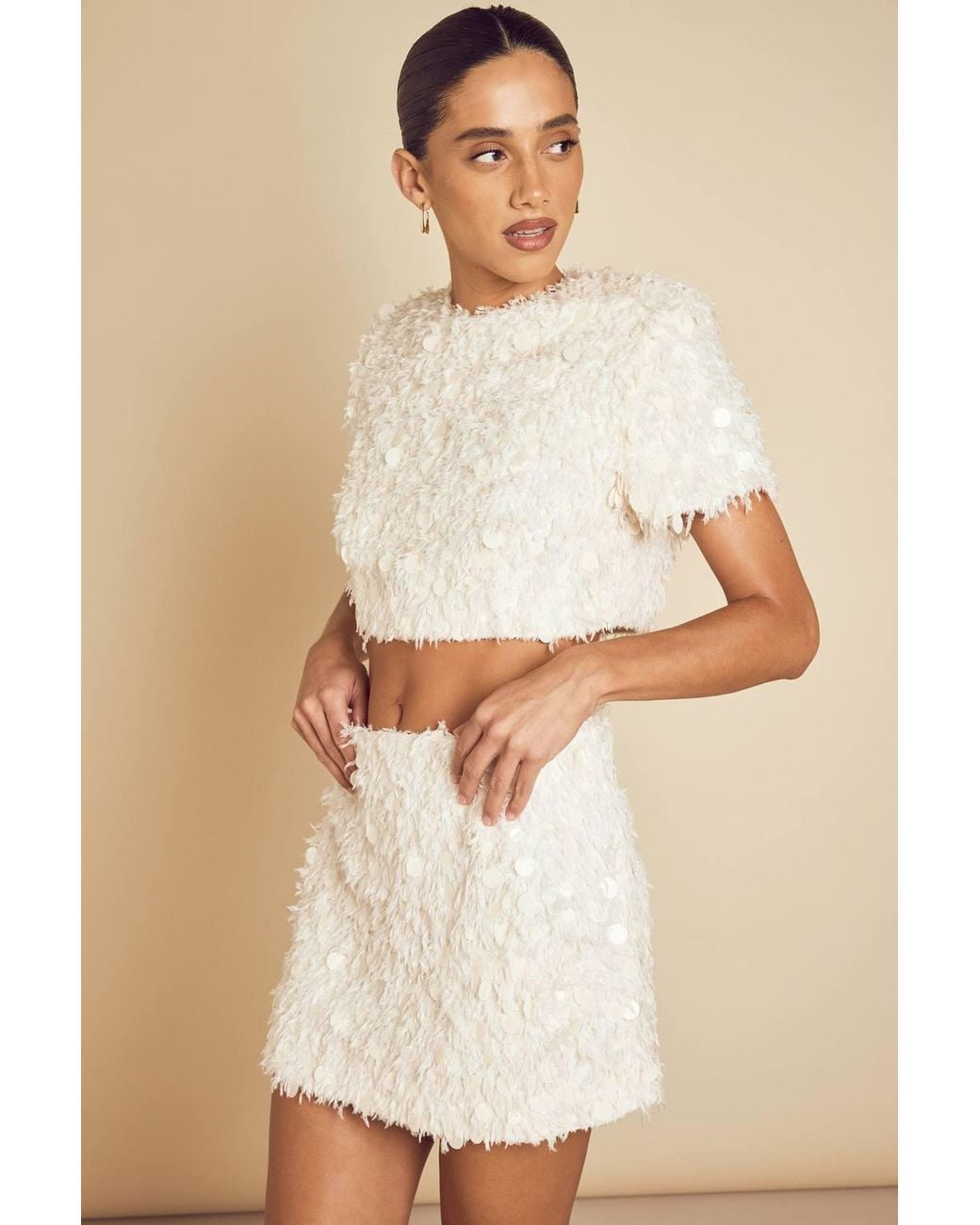 MissPap Natural Textured Fluffy Sequin Mix Crop Top