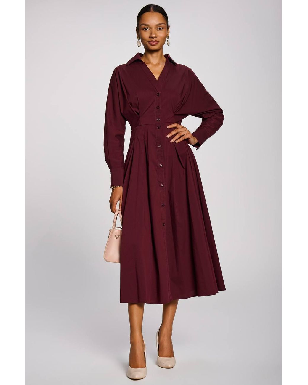 Jolie Moi Red Long Sleeve Cotton Shirt Dress