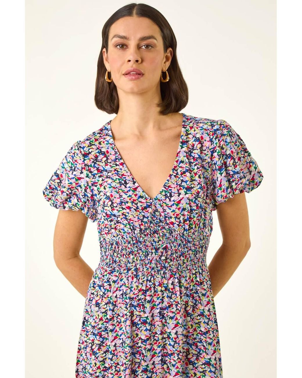 Roman Multicolor Abstract Print Shirred Midi Dress