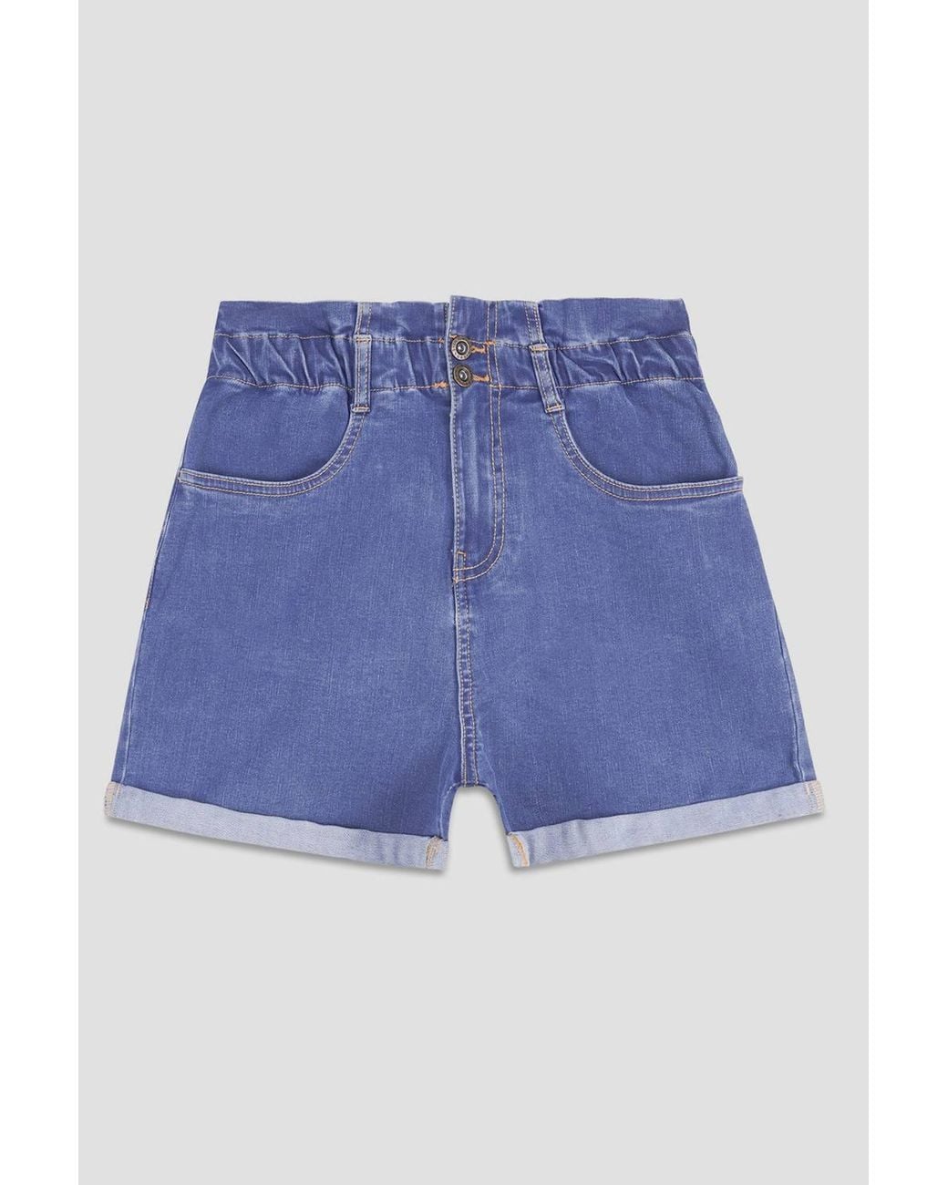Enorsia Blue Denim Paperbag Waist Folded Hem Shorts