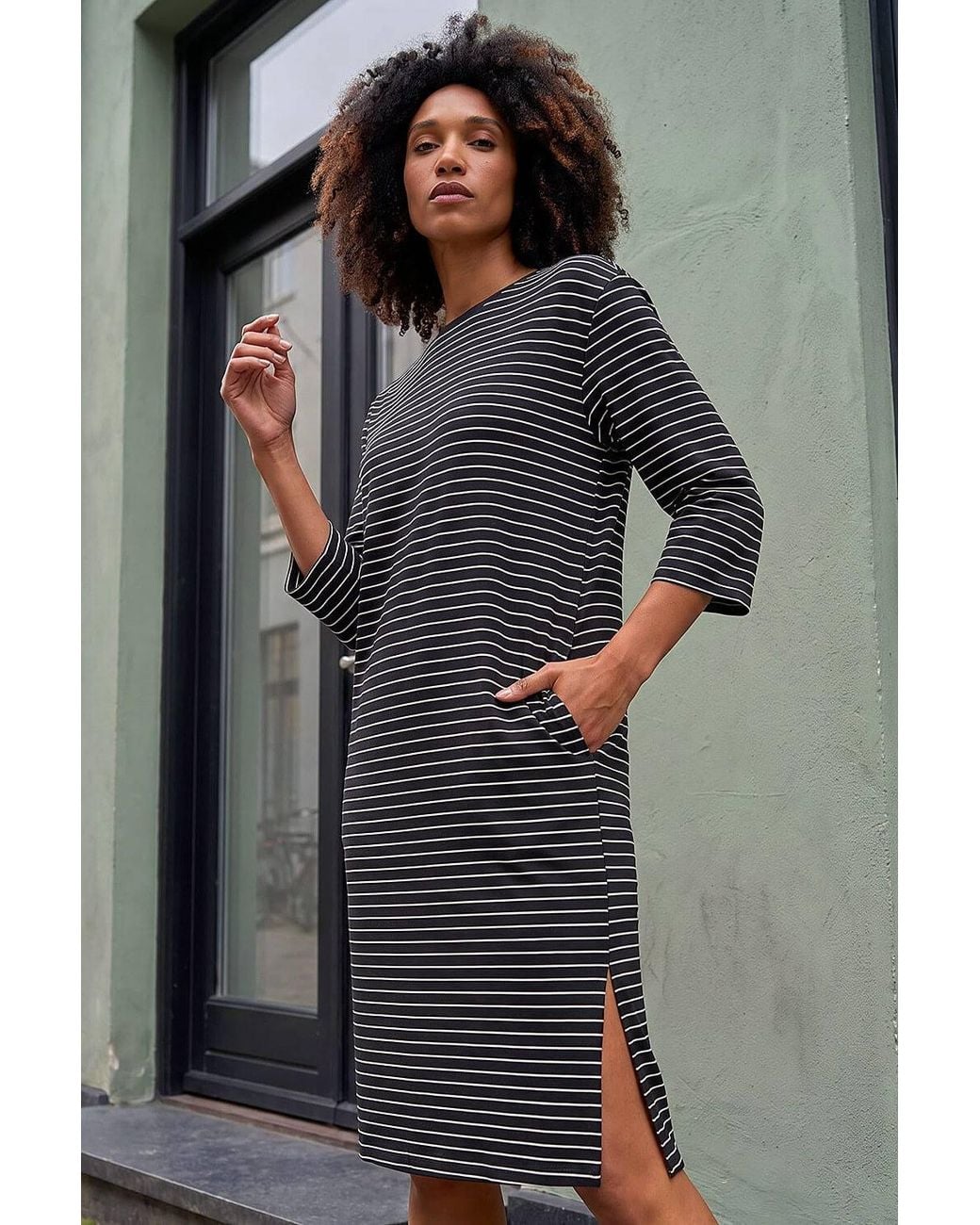 Roman Gray Stripe Jersey Stretch T-Shirt Dress