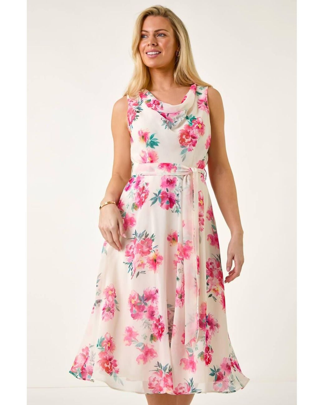 Roman Pink Petite Floral Cowl Neck Midi Dress