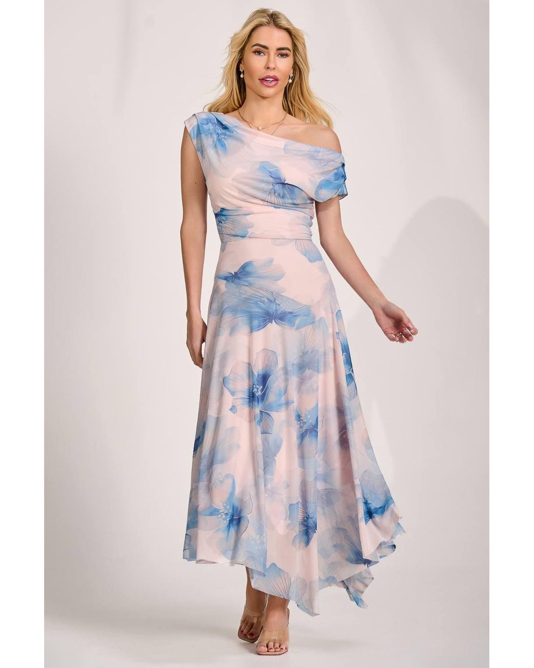 Jolie Moi Multicolor Asymmetric Draped Mesh Maxi Dress