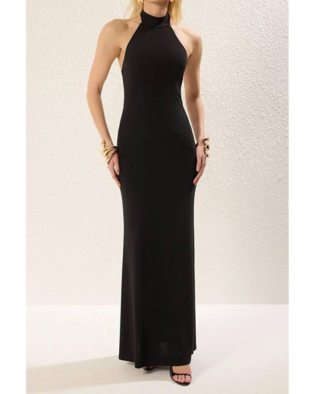 WOVCOR Natural Halter Neck Buckle Detail Maxi Evening Dress