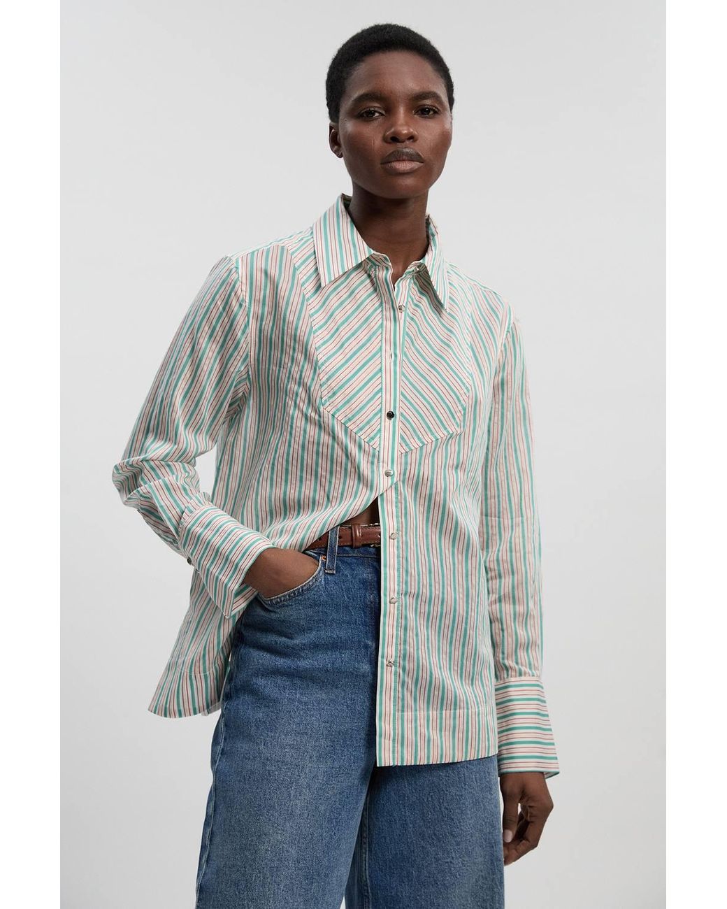 Karen Millen Gray Poplin Stripe Bib Woven Shirt