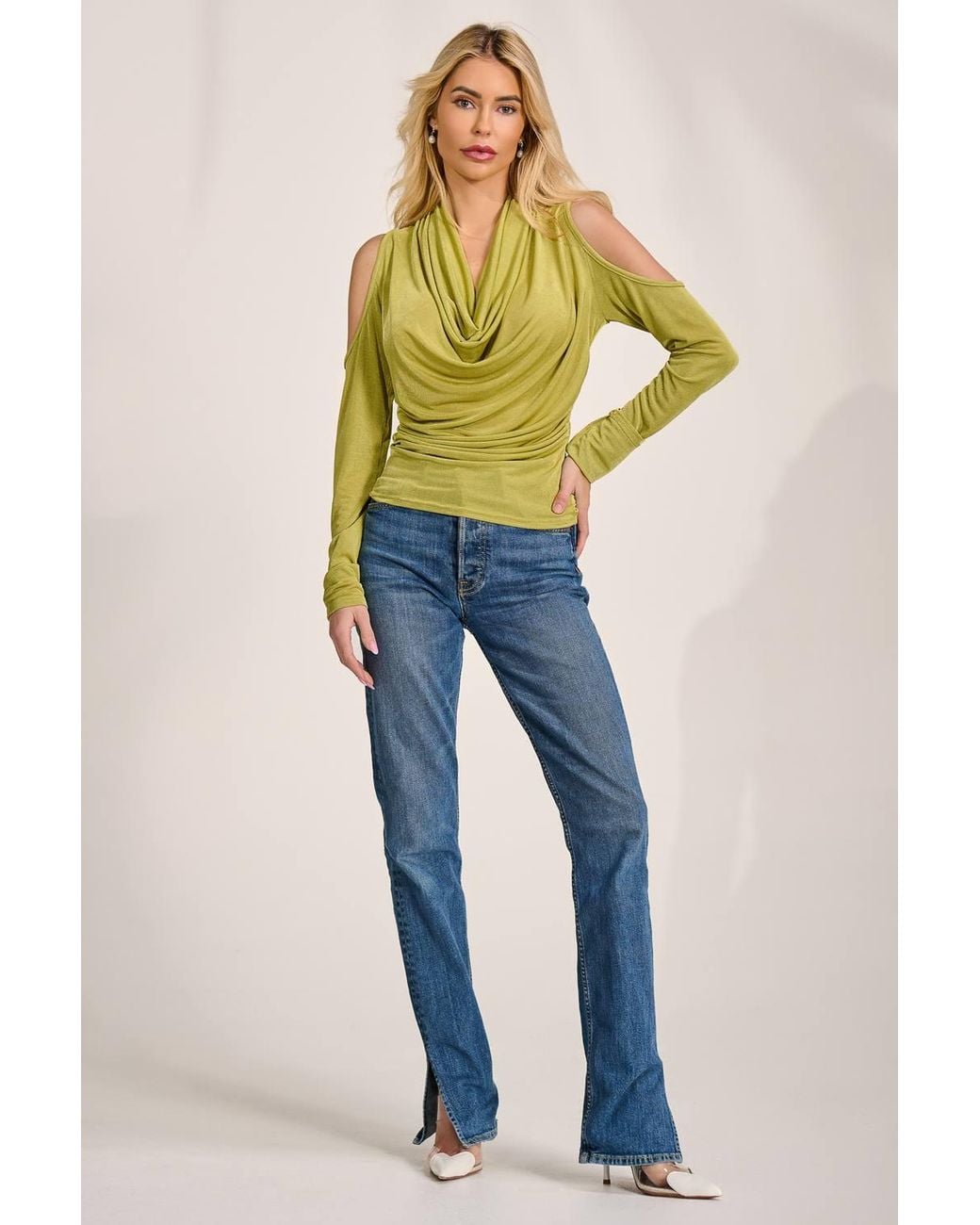 Jolie Moi Yellow Cowl Neckline Cold Shoulder Jersey Top
