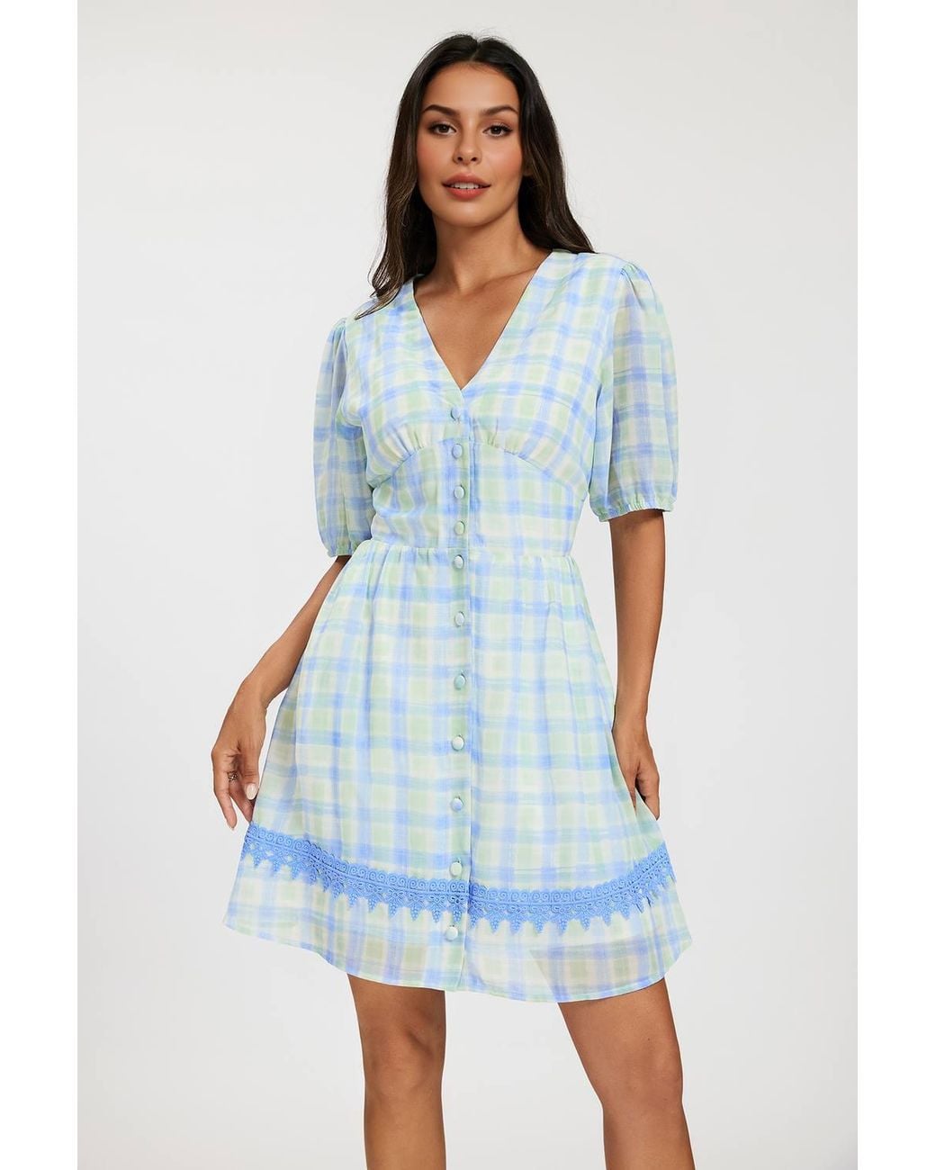 FS Collection Blue Gingham Mini Dress W/ Lace Trim