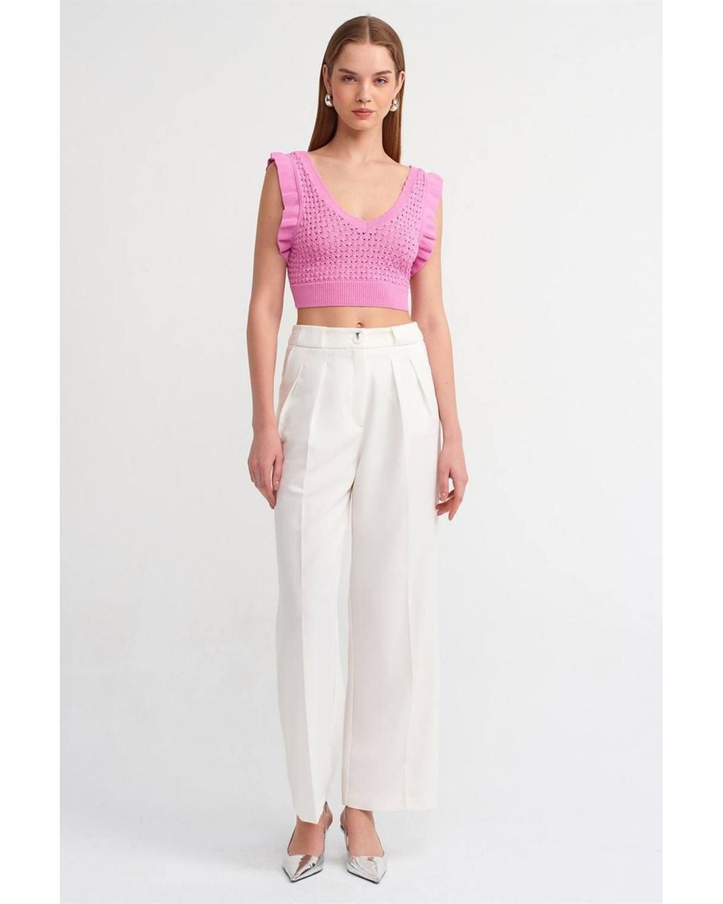Dilvin Pink Textured Sleeveless Crop Blouse With Tie Detail