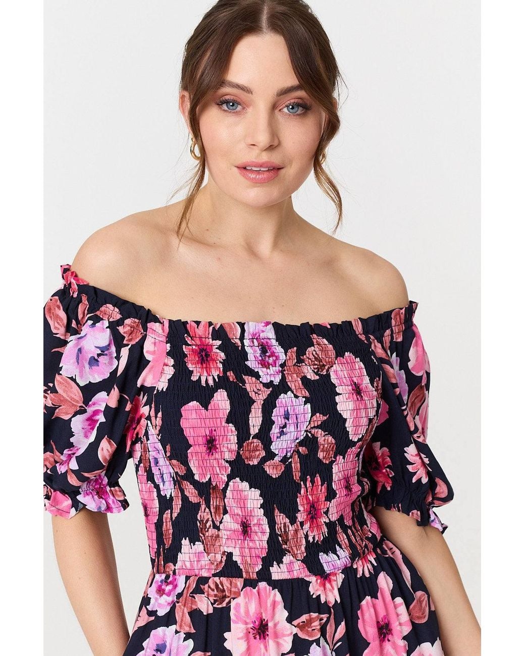 Izabel London White Floral Puff Sleeve Bardot Midi Dress