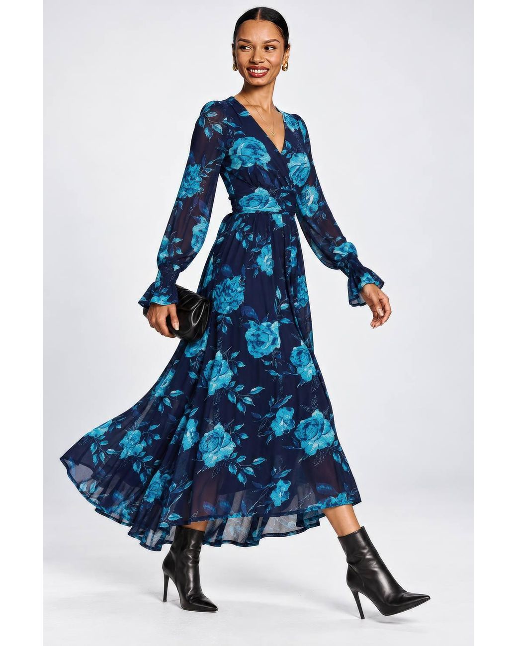 Jolie Moi Blue Long Sleeve V Neck Mesh Maxi Dress