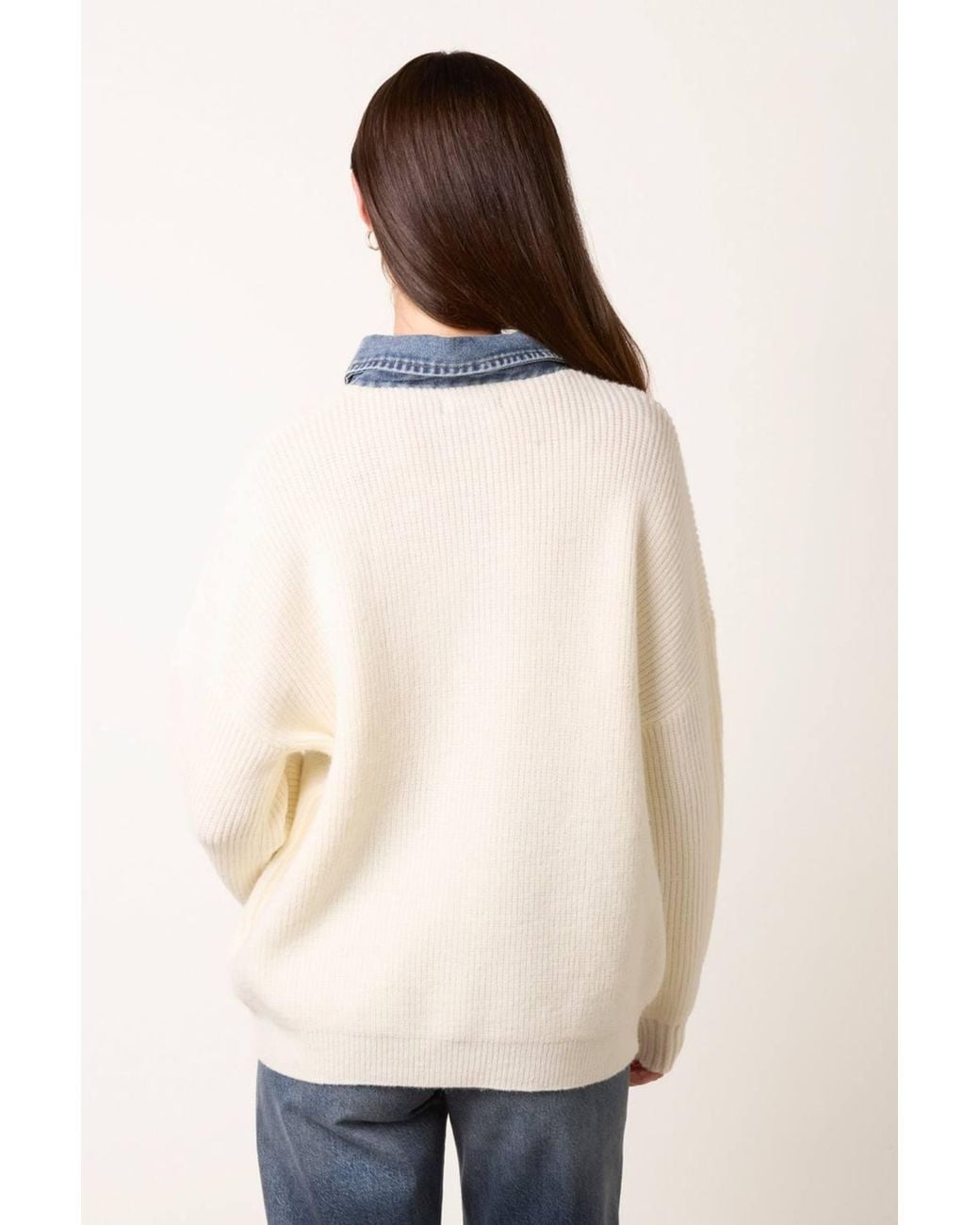 Blue Vanilla White Long Sleeve Button Up Collar Jumper