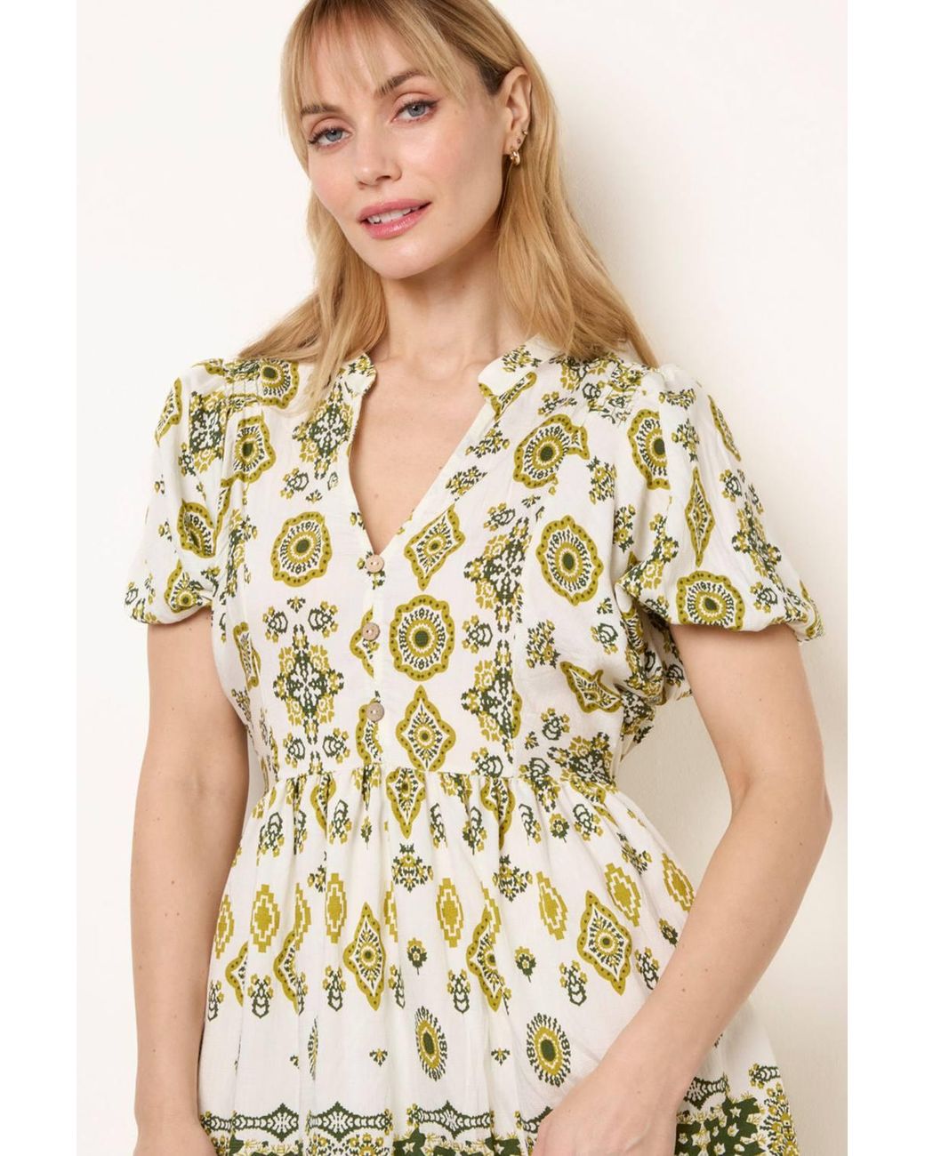Blue Vanilla Natural Elasticated Waist Short Sleeve V-Neck Mini Dress