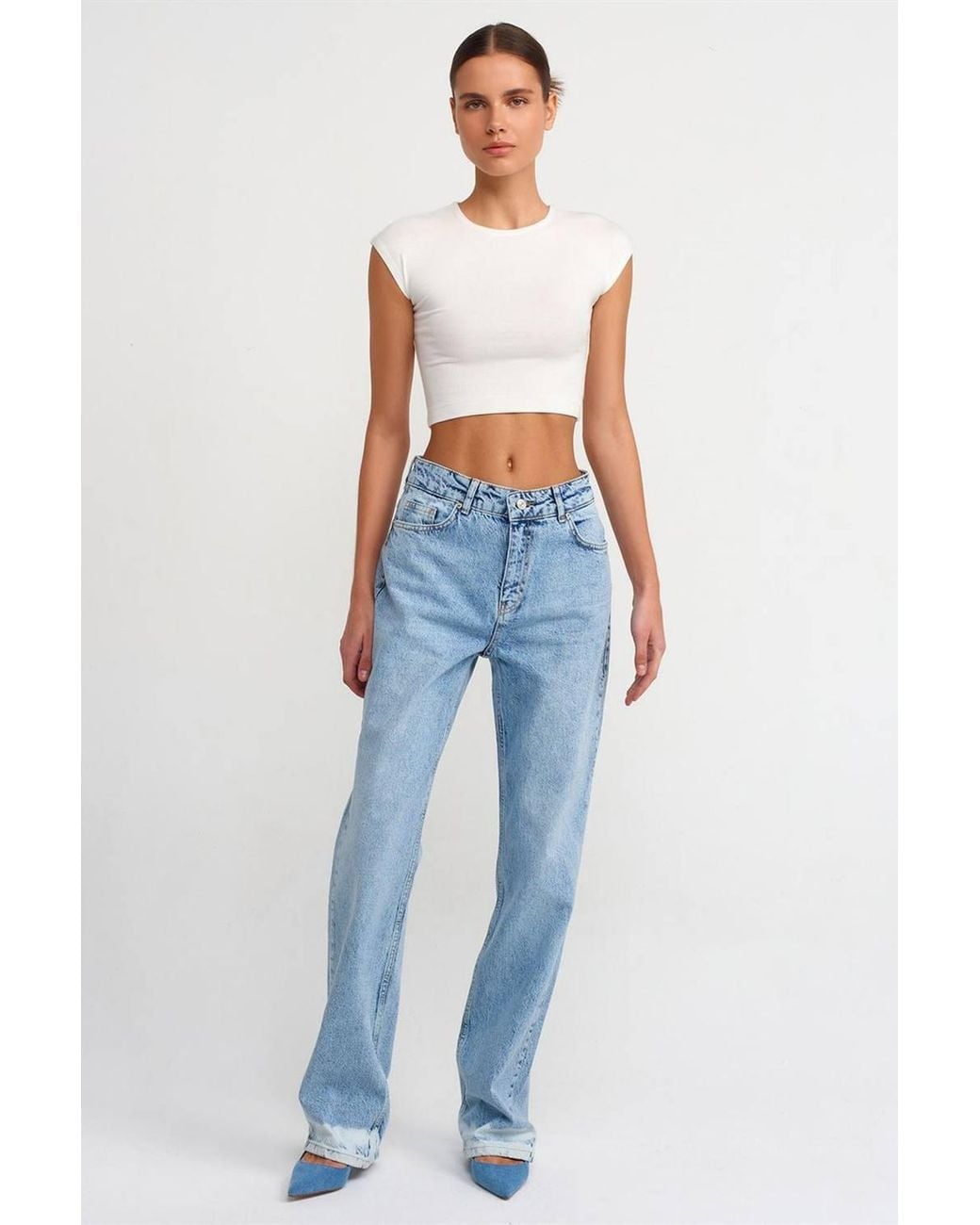 Dilvin White Slim Fit Crop Jersey Blouse