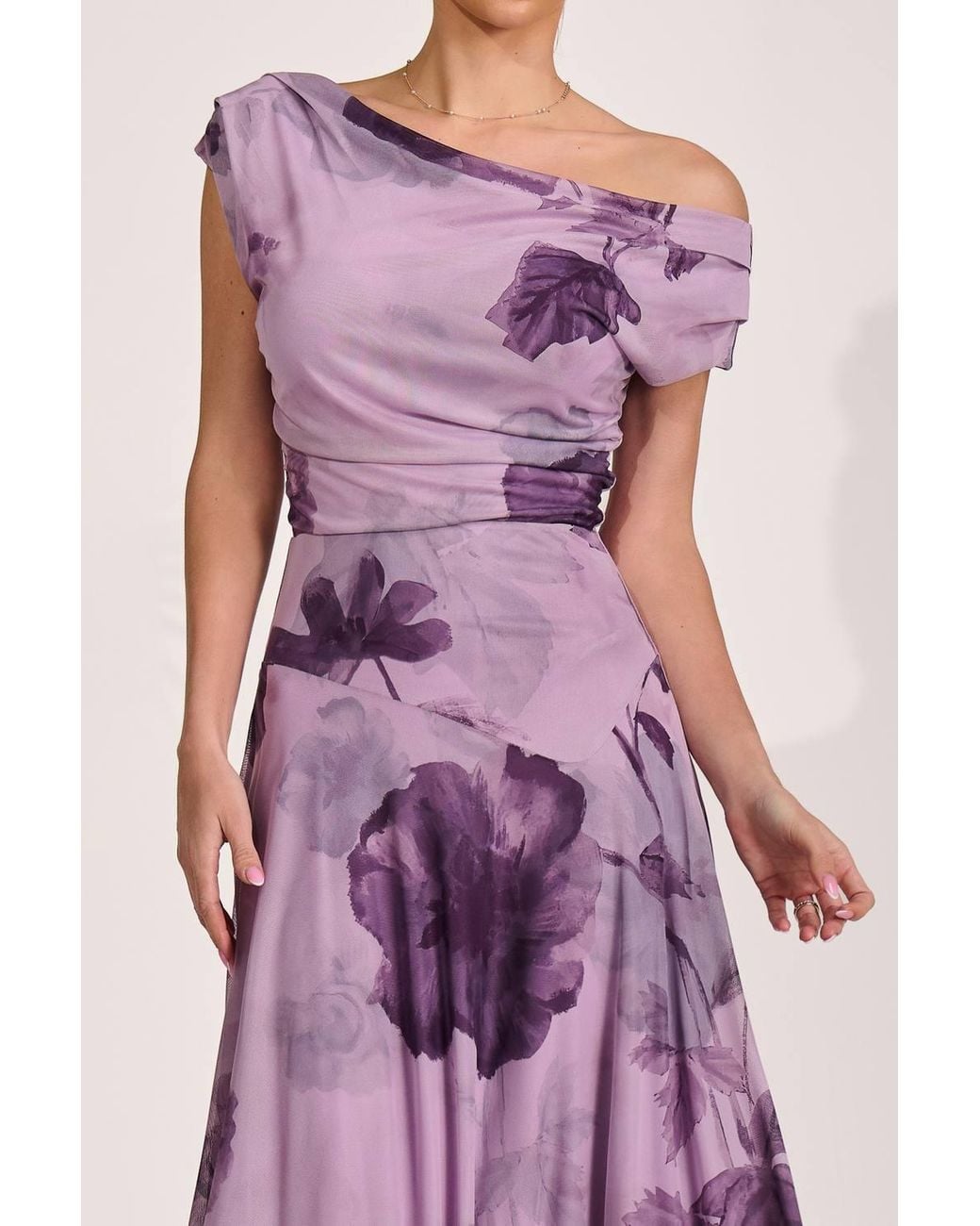 Jolie Moi Pink Asymmetrical Draped Mesh Maxi Dress