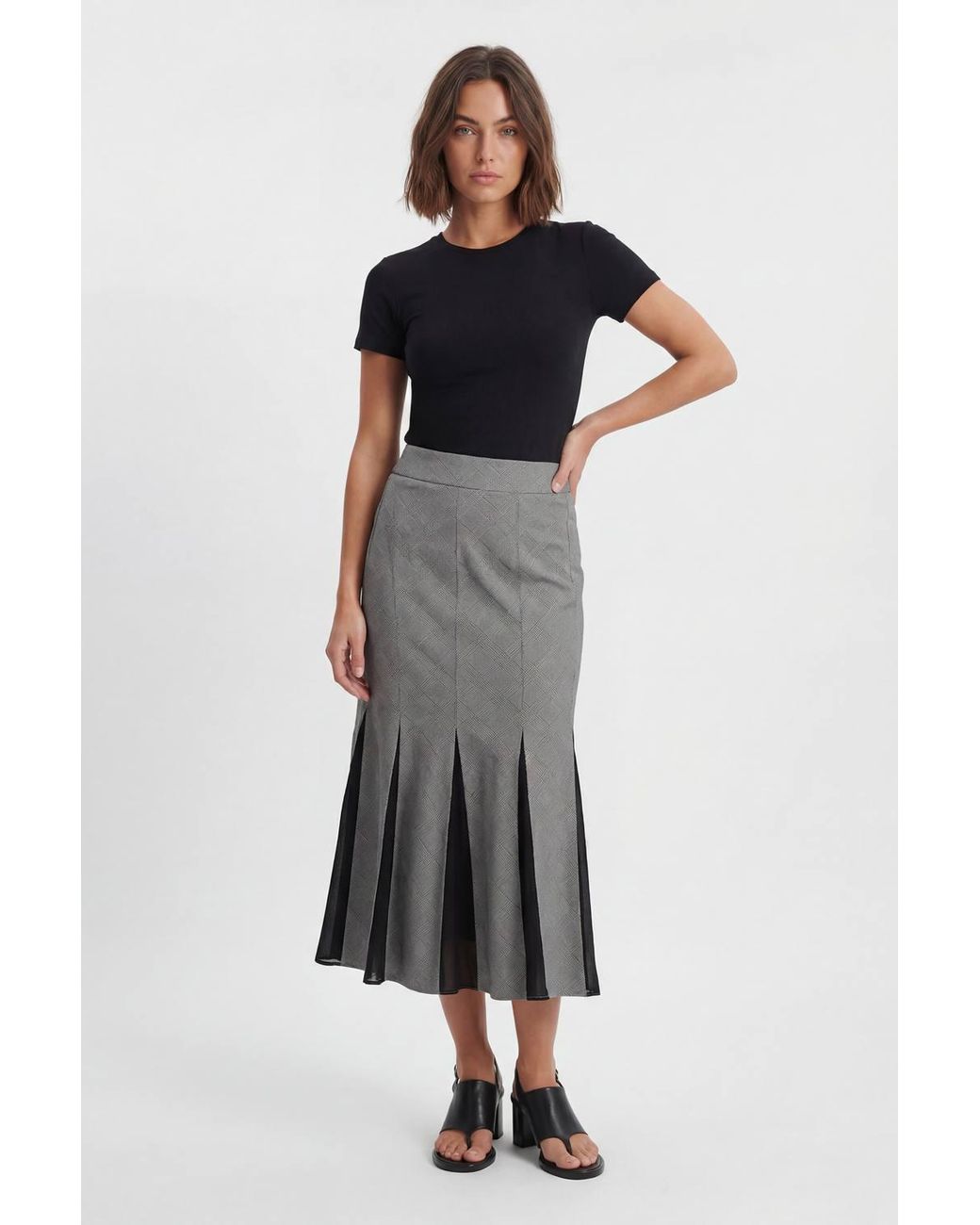 Karen Millen Gray Soft Tailored Check Godet Detail Midi Skirt