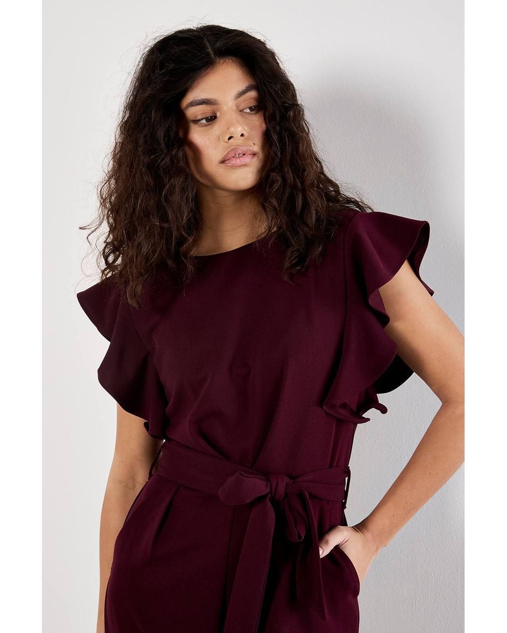 Apricot Red Ruffle Sleeve Jersey Jumpsuit