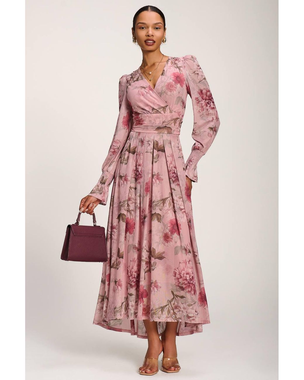 Jolie Moi Pink Long Sleeve V Neck Mesh Maxi Dress
