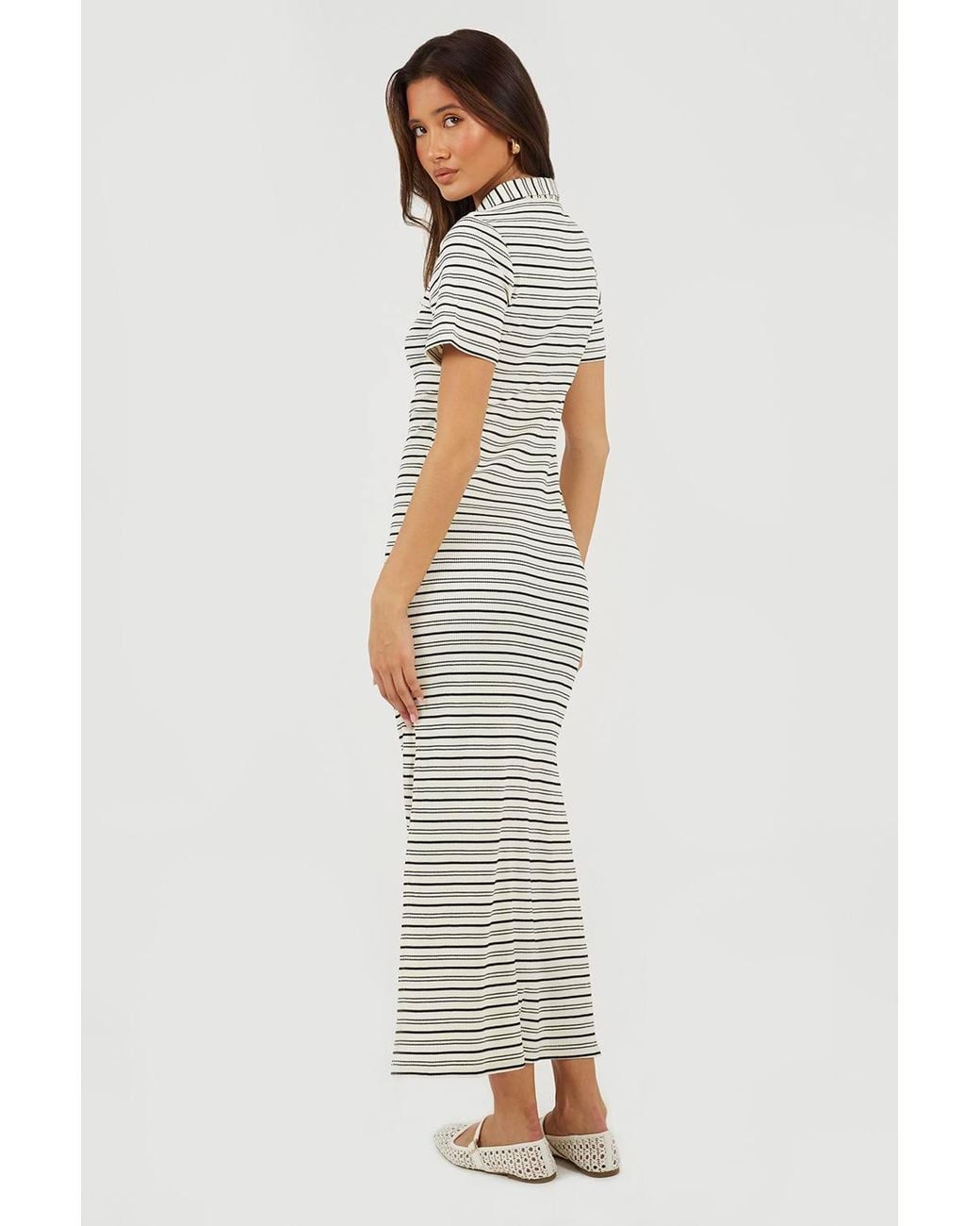 Brave Soul Natural Striped Collared Maxi Dress W/ Split Detail