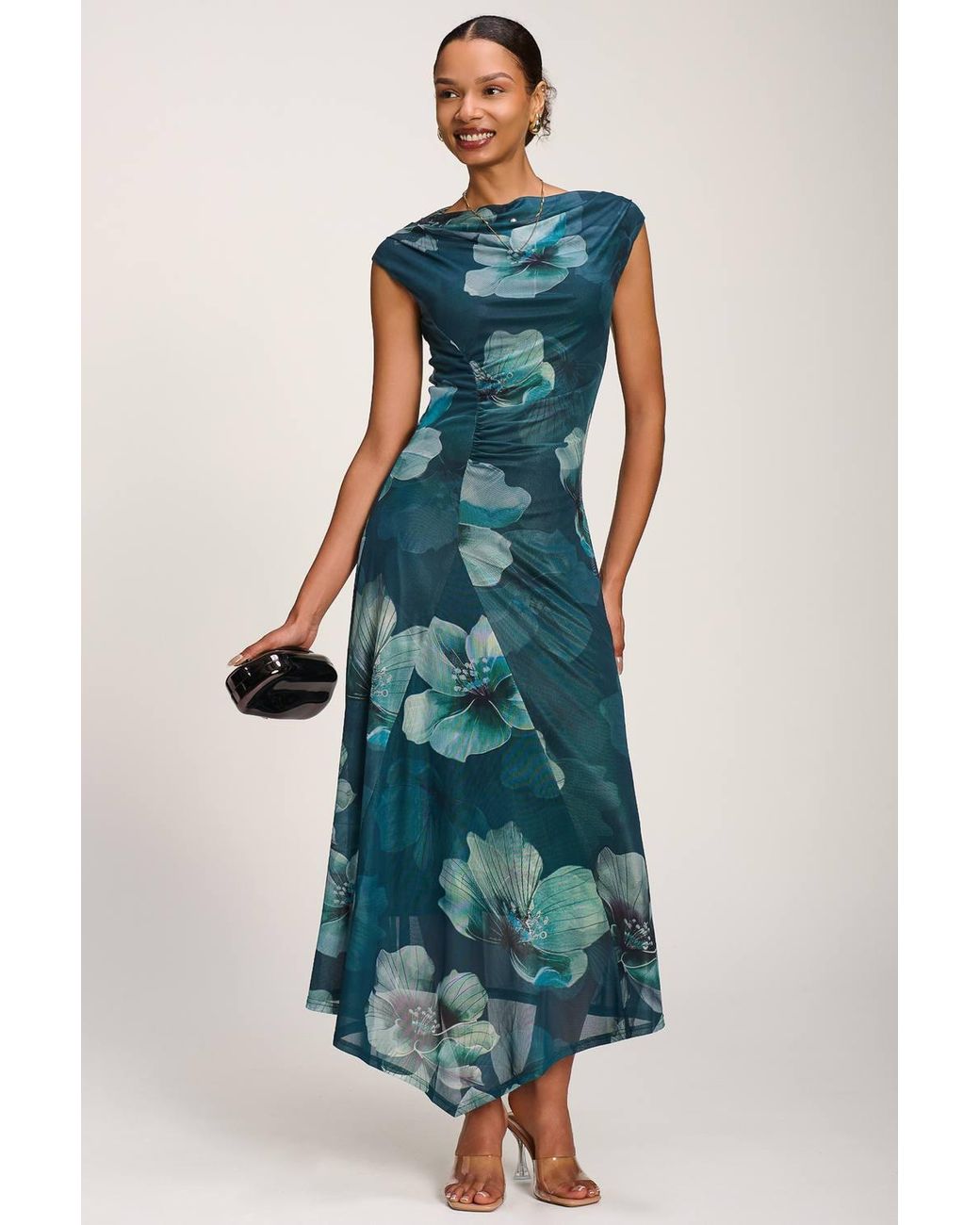 Jolie Moi Blue Asymmetric Draped Mesh Maxi Dress
