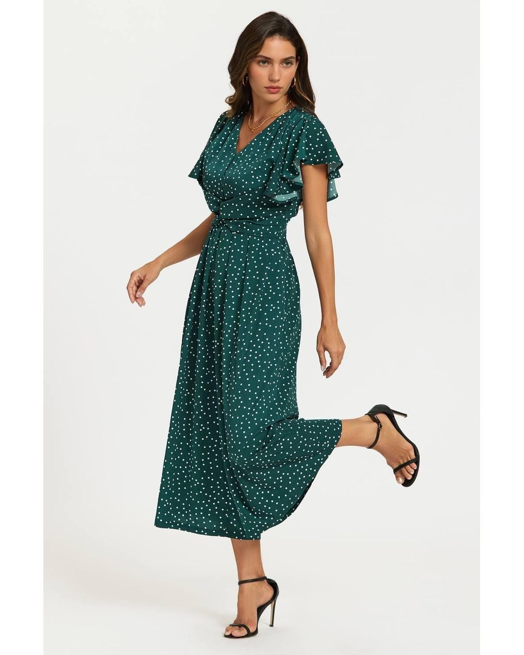 FS Collection Green Polka Dot Angel Sleeve Twist Jumpsuit
