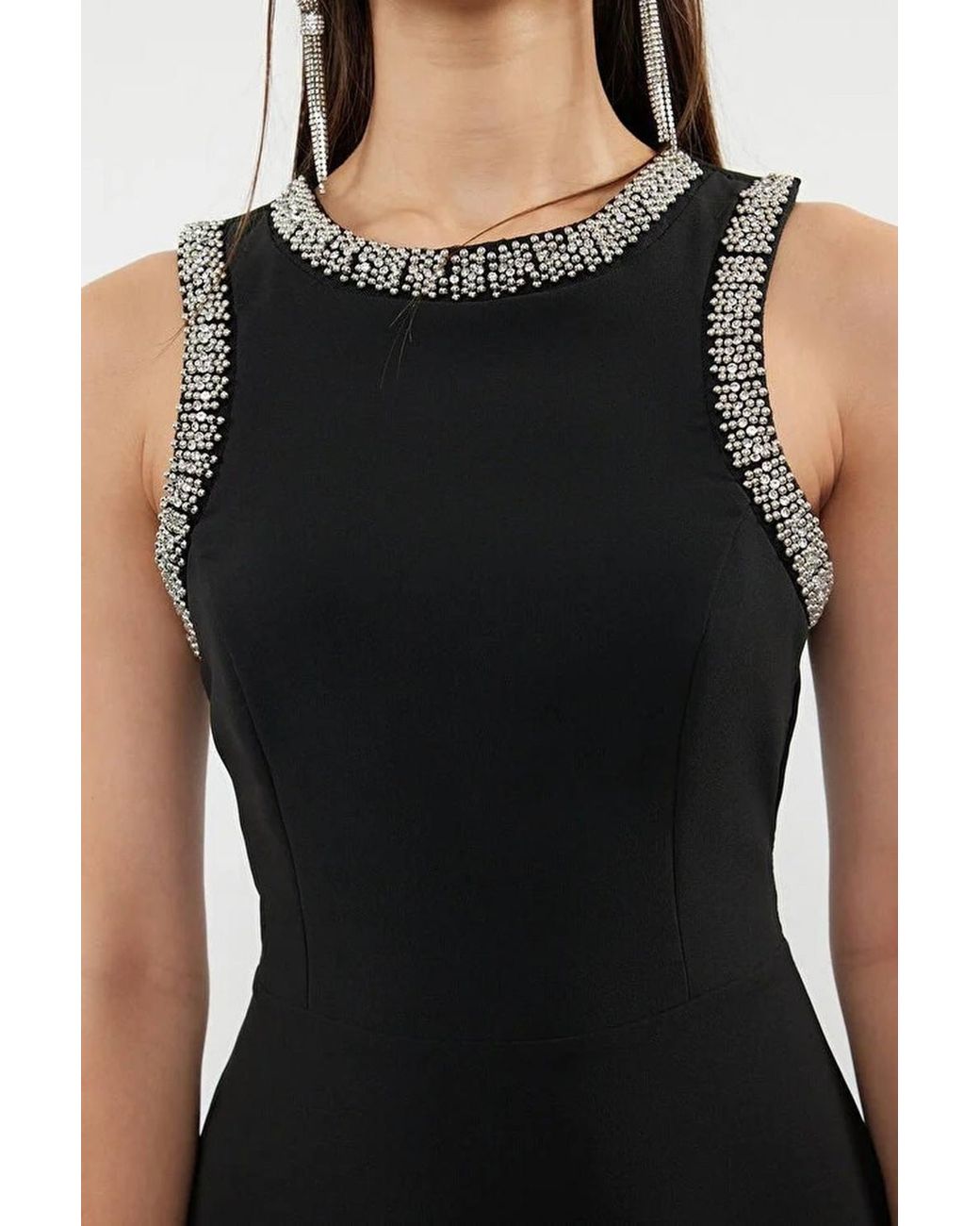 WOVCOR Black Embellished Neck Sleeveless Midi Skater Dress