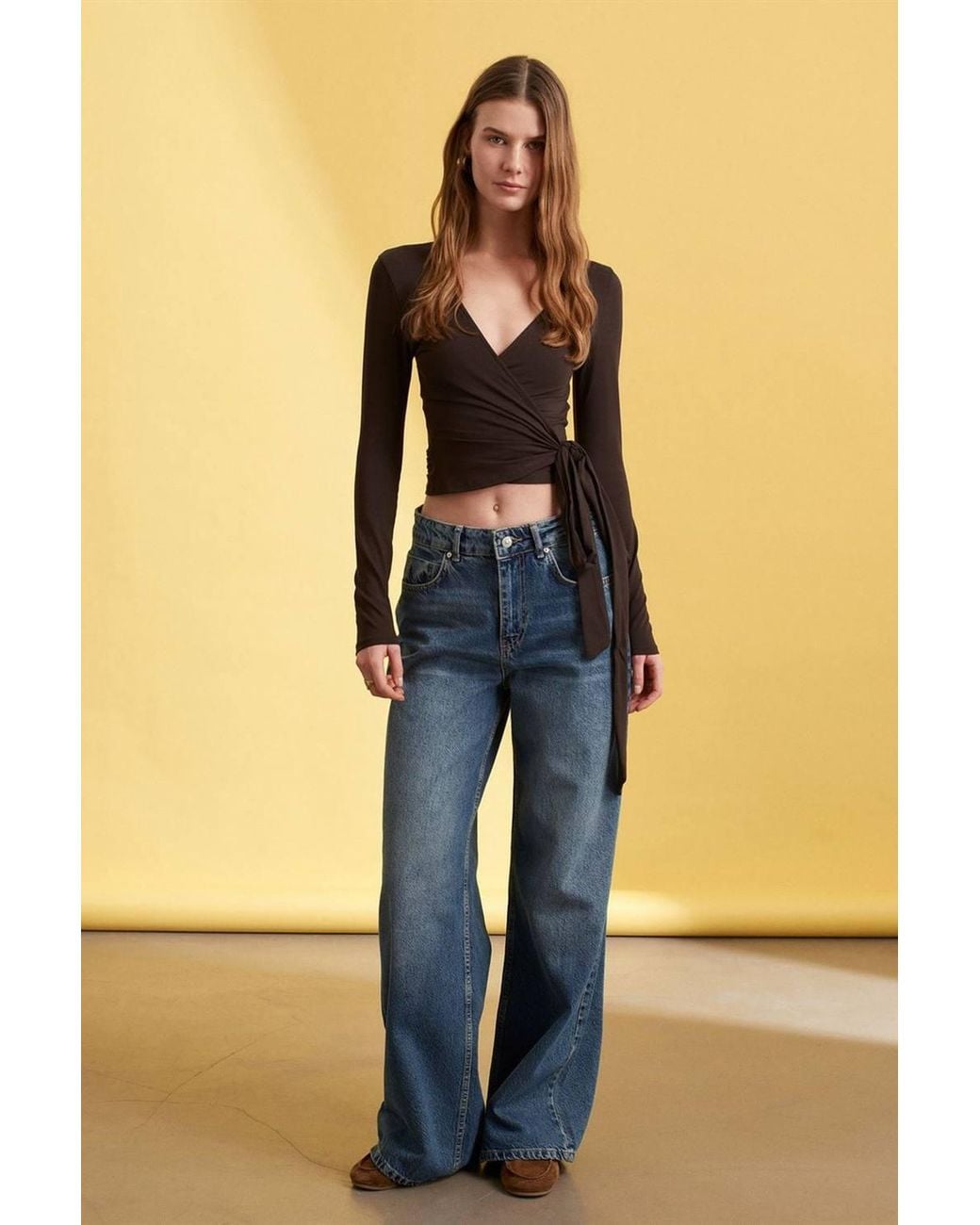 Dilvin Blue Crop Wrap Blouse With Tie Detail