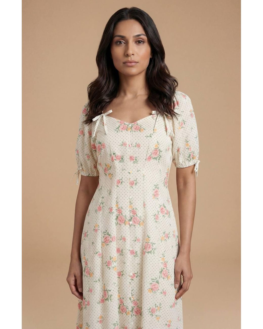 Dorothy Perkins Natural Pleat Button Detail Puff Sleeve Midi Dress