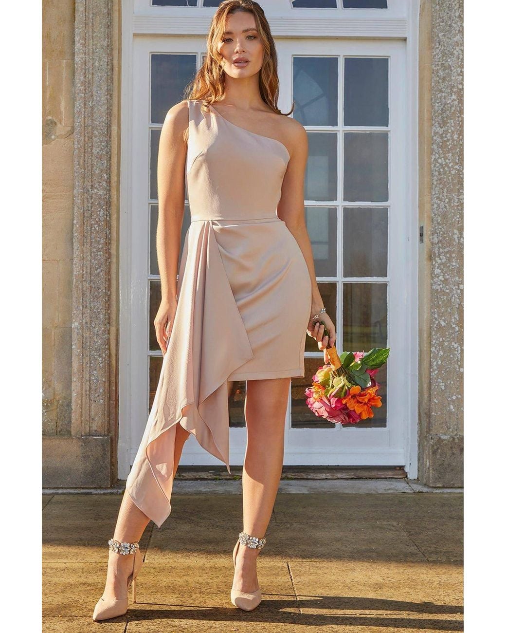 Chi Chi London Gray One Shoulder Satin Drape Mini Dress