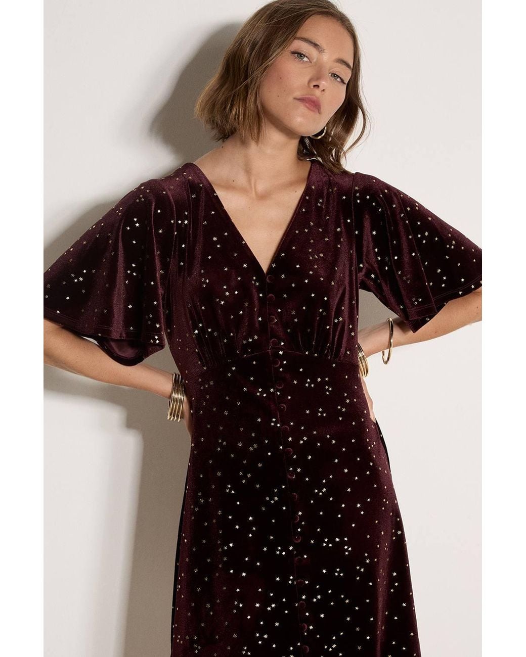 Apricot Red Foil Star Velvet Mini Dress