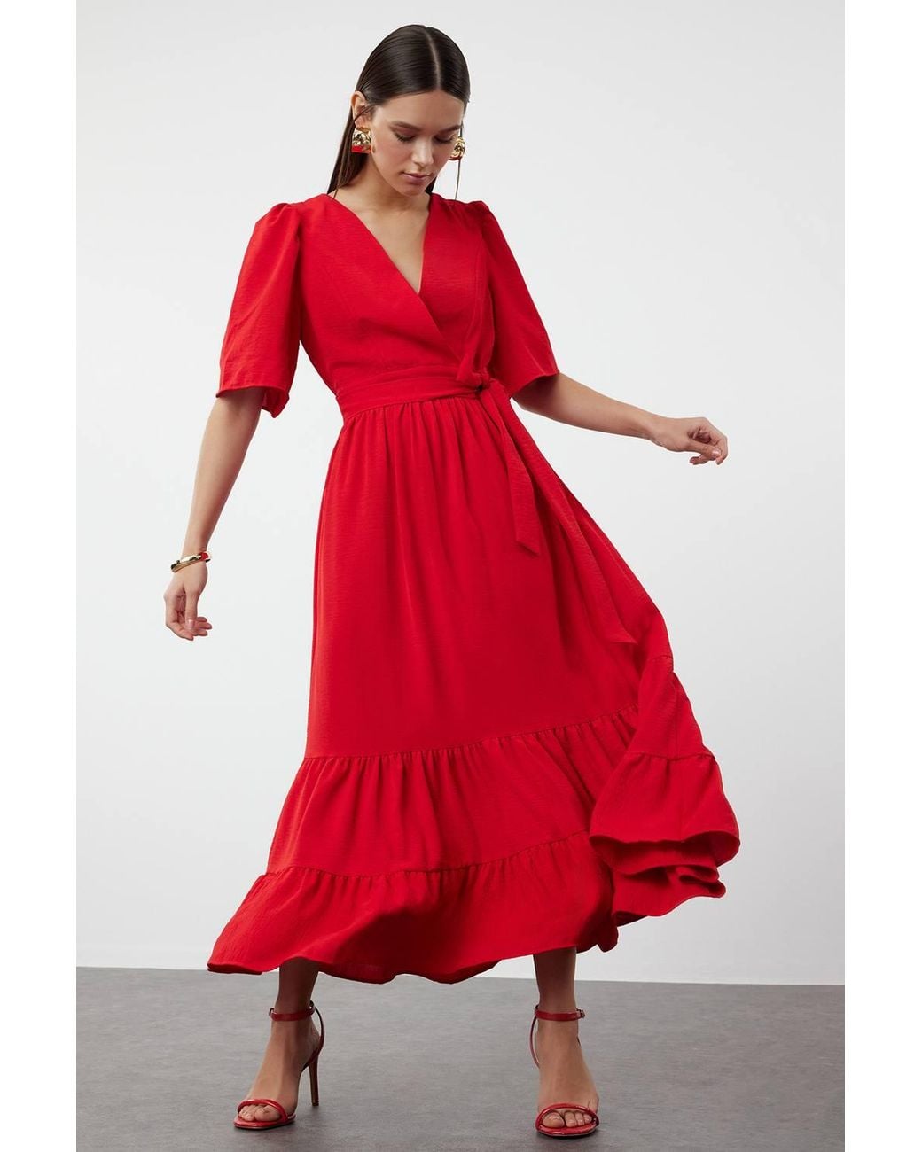 WOVCOR Red Belted Wrap Neck Back Detail Midi Dress