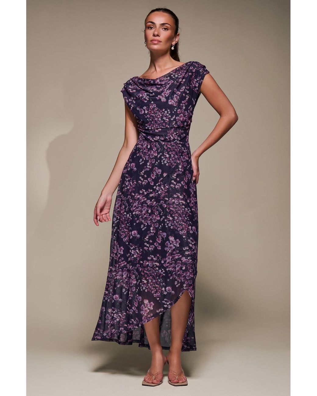Jolie Moi Multicolor Asymmetric Draped Mesh Maxi Dress