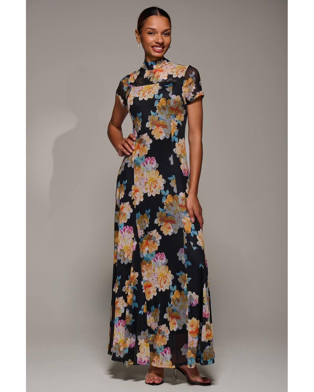 Jolie Moi Black Turtle Neckline Mesh Maxi Dress