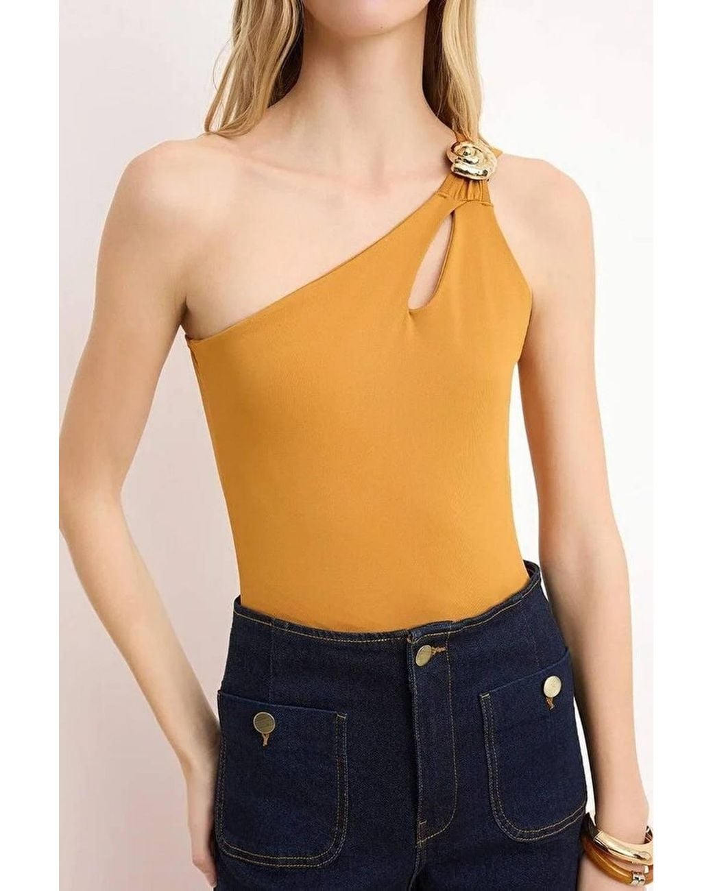 WOVCOR Blue One Shoulder Hardware Detail Bodysuit Top