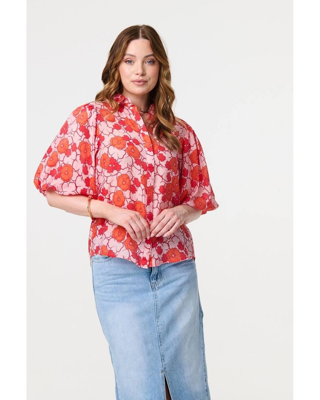 Izabel London Red Leaf Print 1/2 Puff Sleeve Blouse