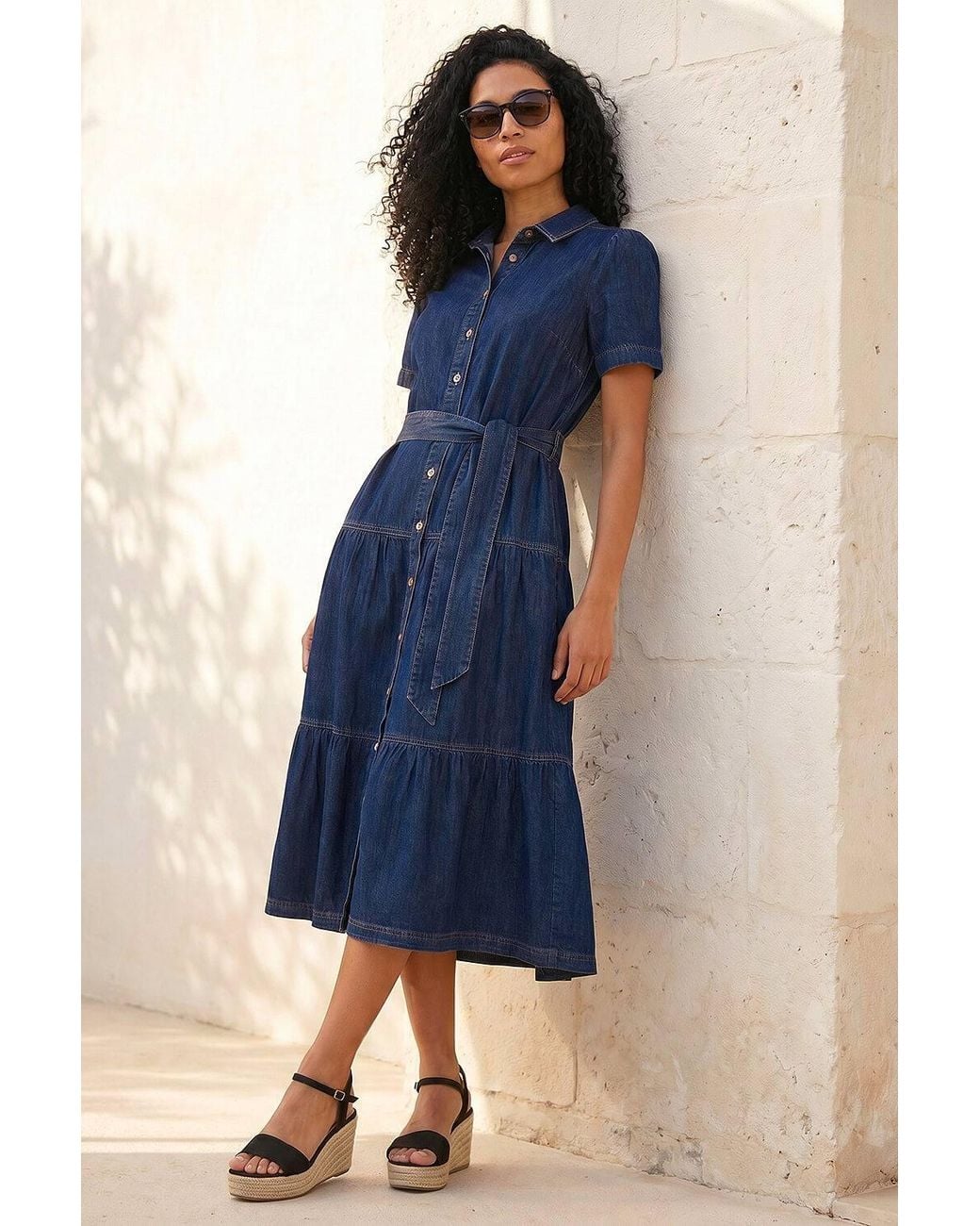 Roman Blue Denim Tiered Cotton Midi Dress