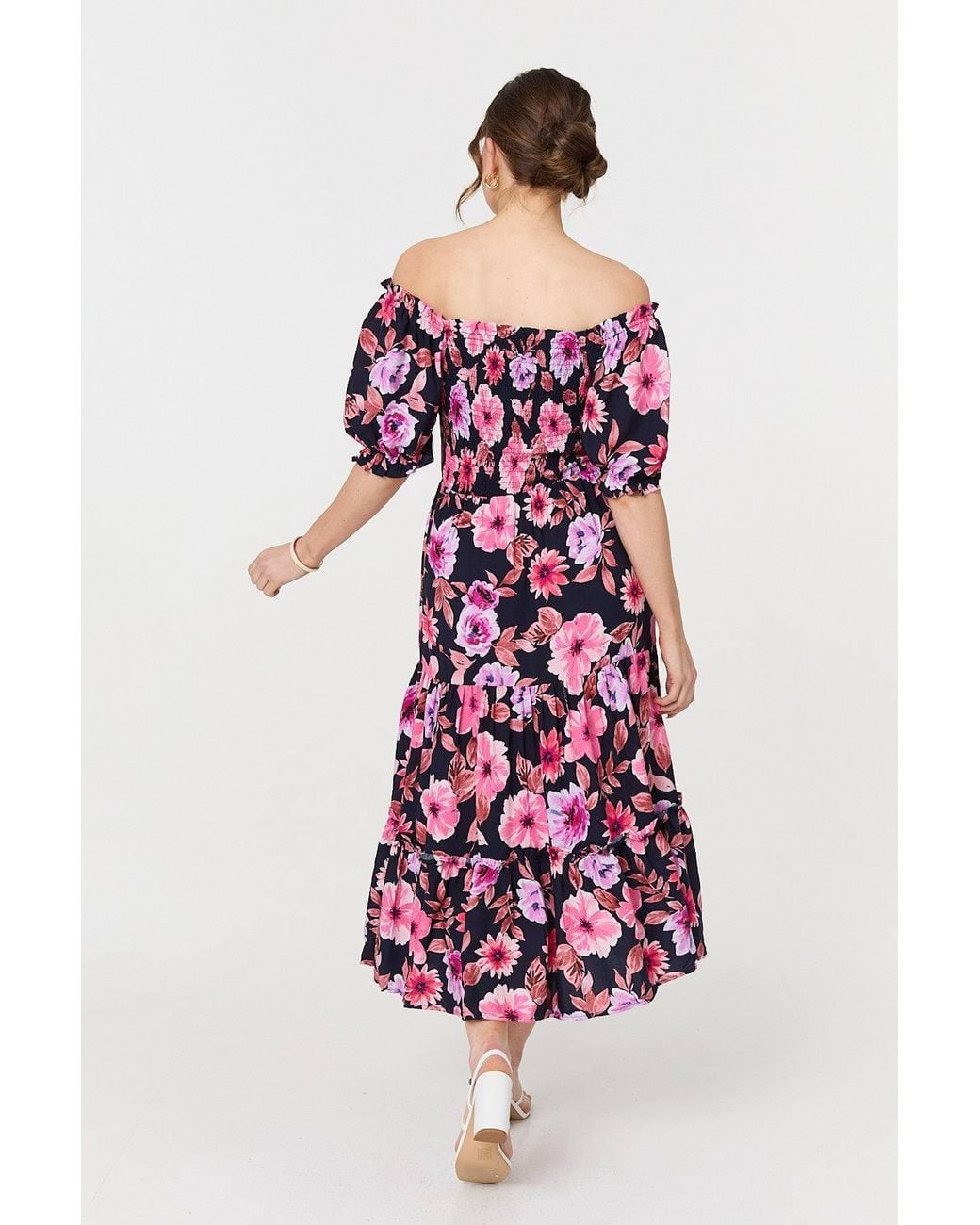 Izabel London White Floral Puff Sleeve Bardot Midi Dress