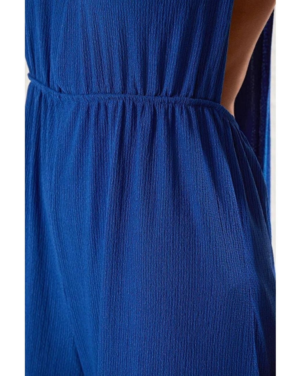 WOVCOR Blue Plunge Tie Waist Wide Leg Jumpsuit