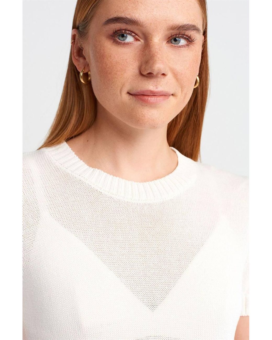 Dilvin White Ribbed Crew Neck Short-Sleeve Sweater